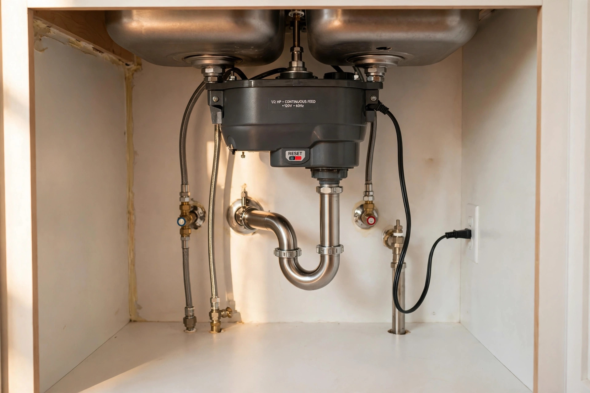 garbage disposal installation usa online deals: Garbage disposal installation under a kitchen sink, USA online deals