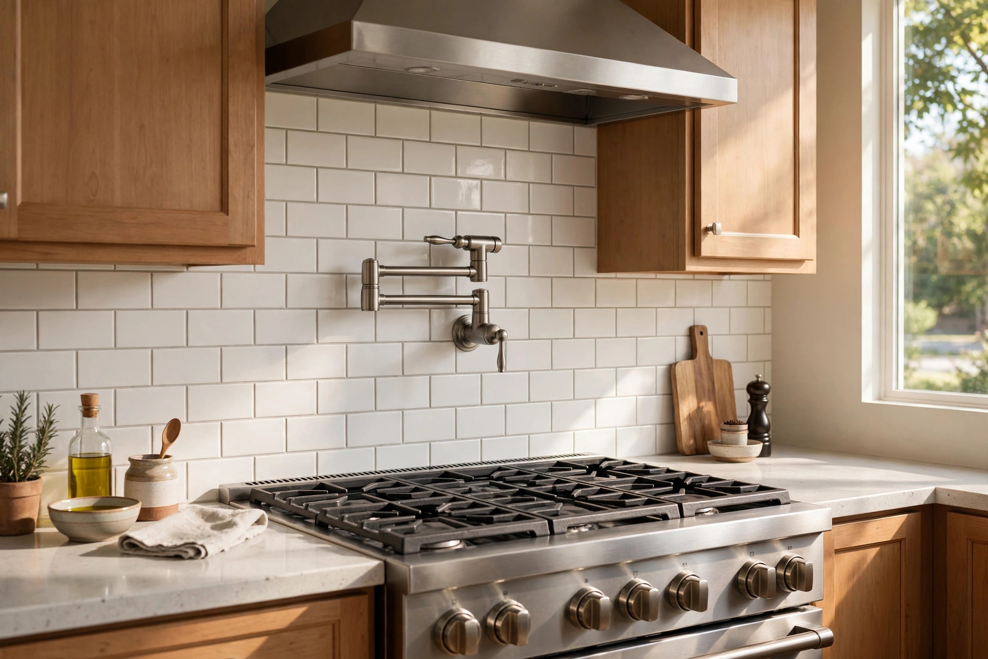 pot filler faucets usa online deals: A brushed nickel pot filler faucet mounted over a gas range in a home kitchen