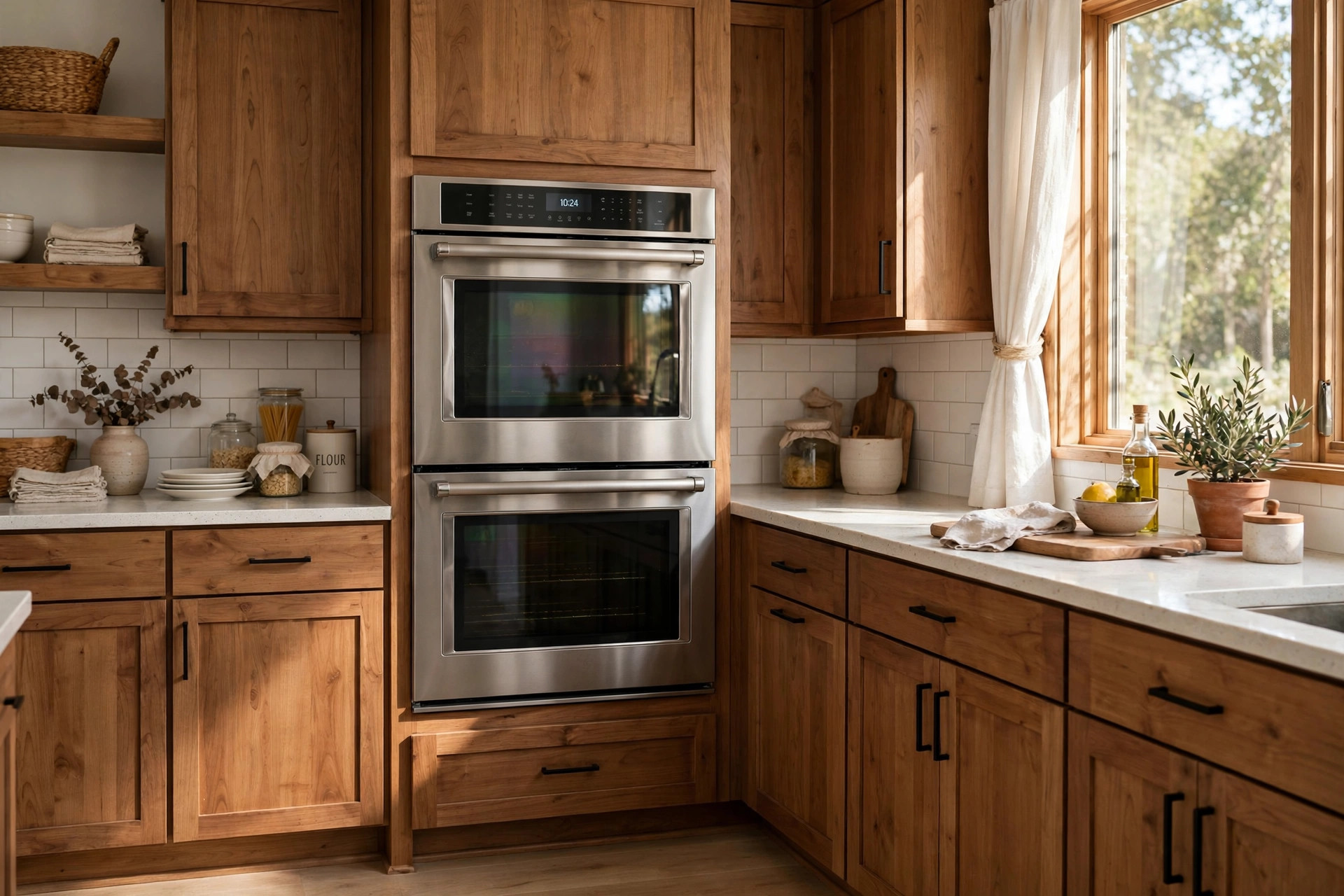 double wall ovens usa online deals: A stainless double wall oven set in a modern American kitchen