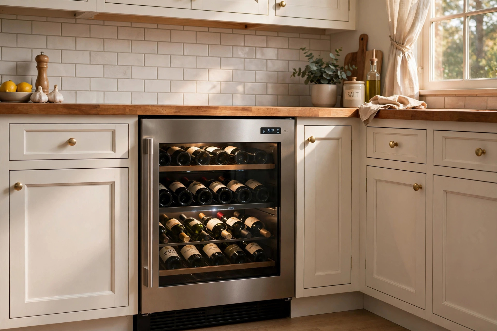 under counter wine fridges usa online deals: Under counter wine fridge installed in an American kitchen