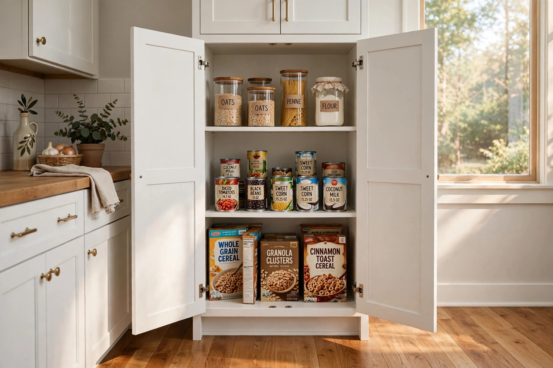 kitchen pantry cabinets usa online deals: Kitchen pantry cabinet with storage shelves in a bright American kitchen