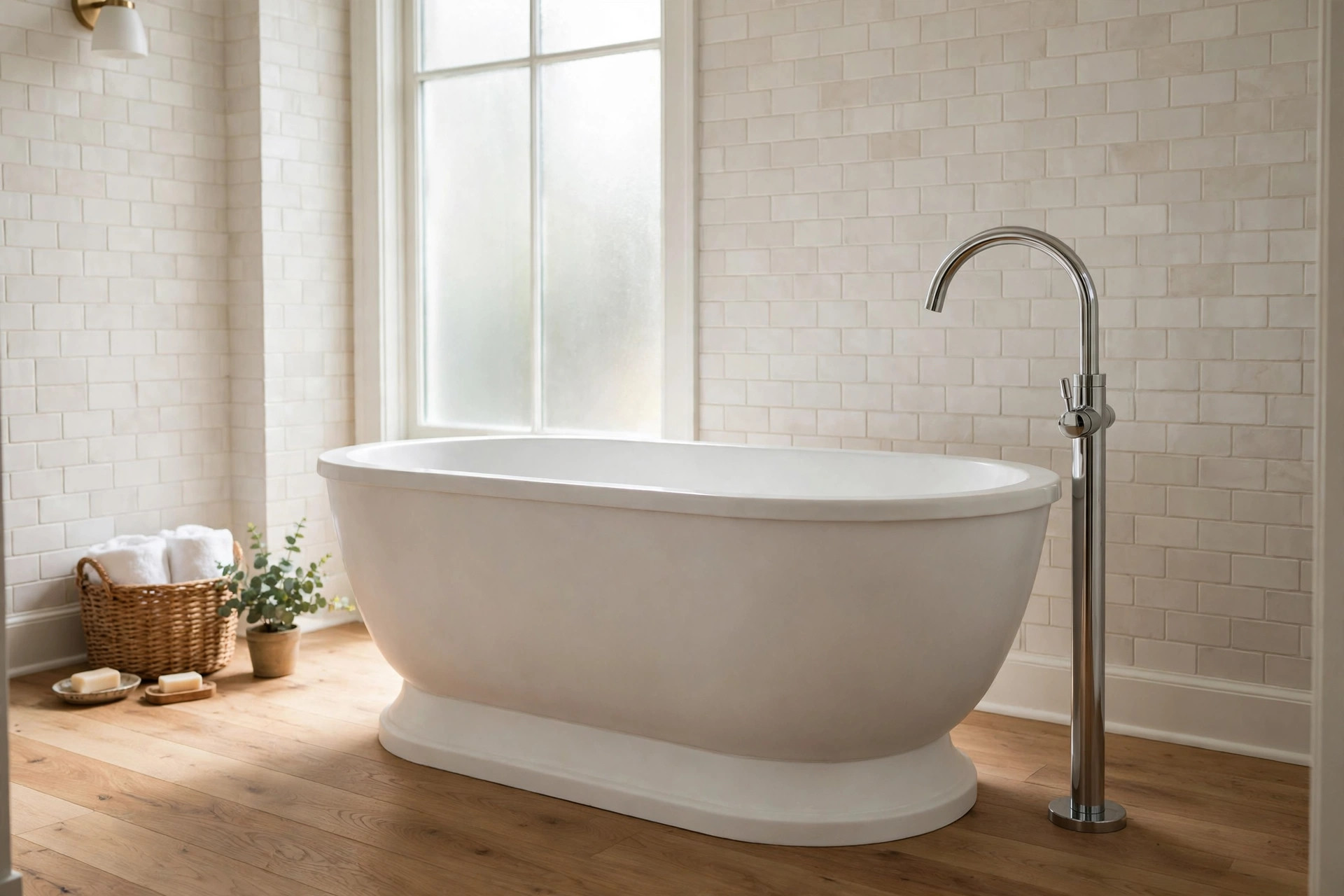freestanding soaking tubs buying guide usa: A freestanding soaking tub in an American bathroom