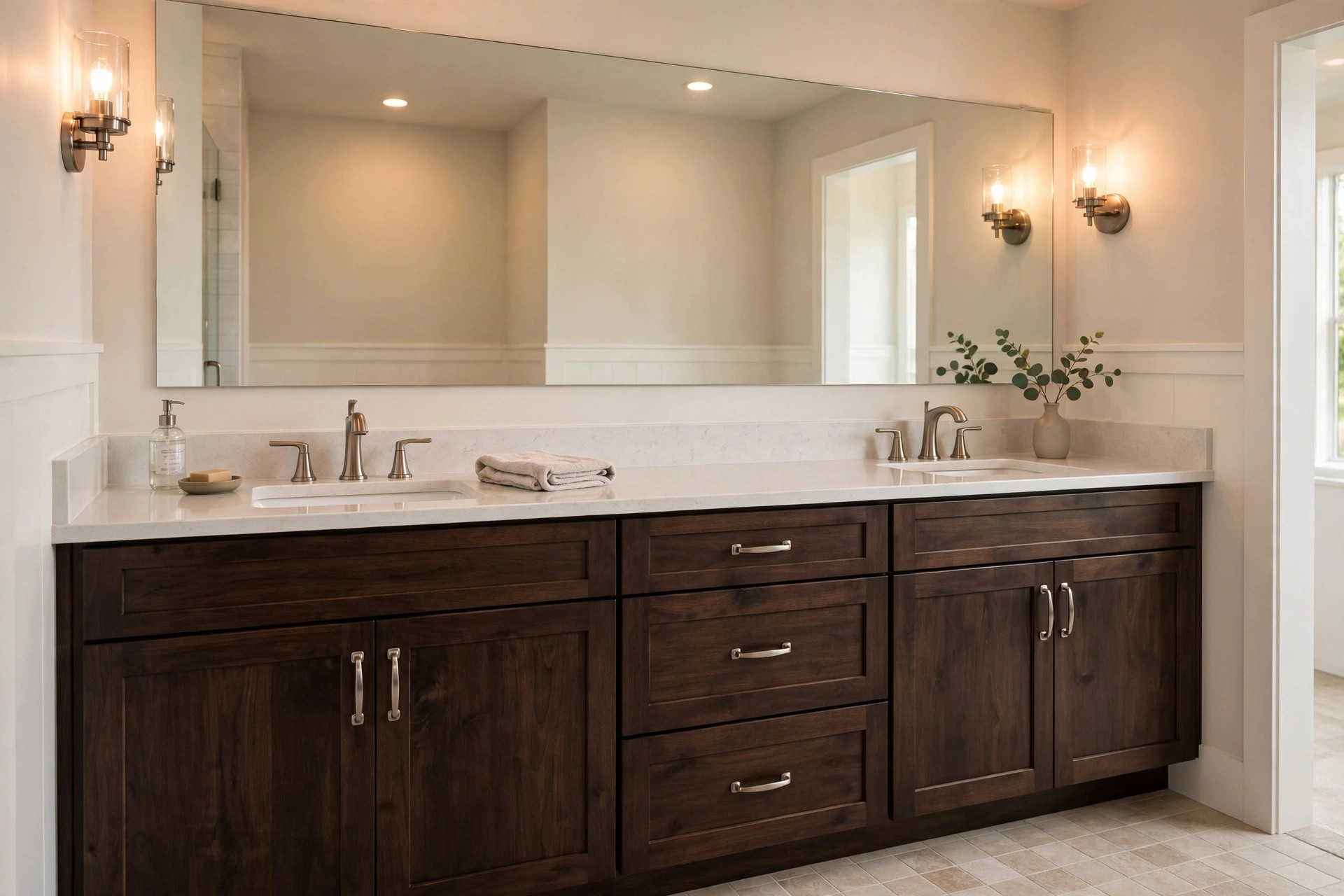 double sink vanities buying guide usa: Double sink vanity with two sinks in an American bathroom