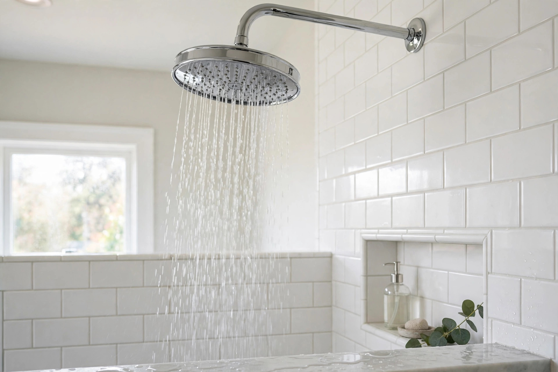 rain shower heads buying guide usa: Rain shower head mounted above a clean American bathroom shower