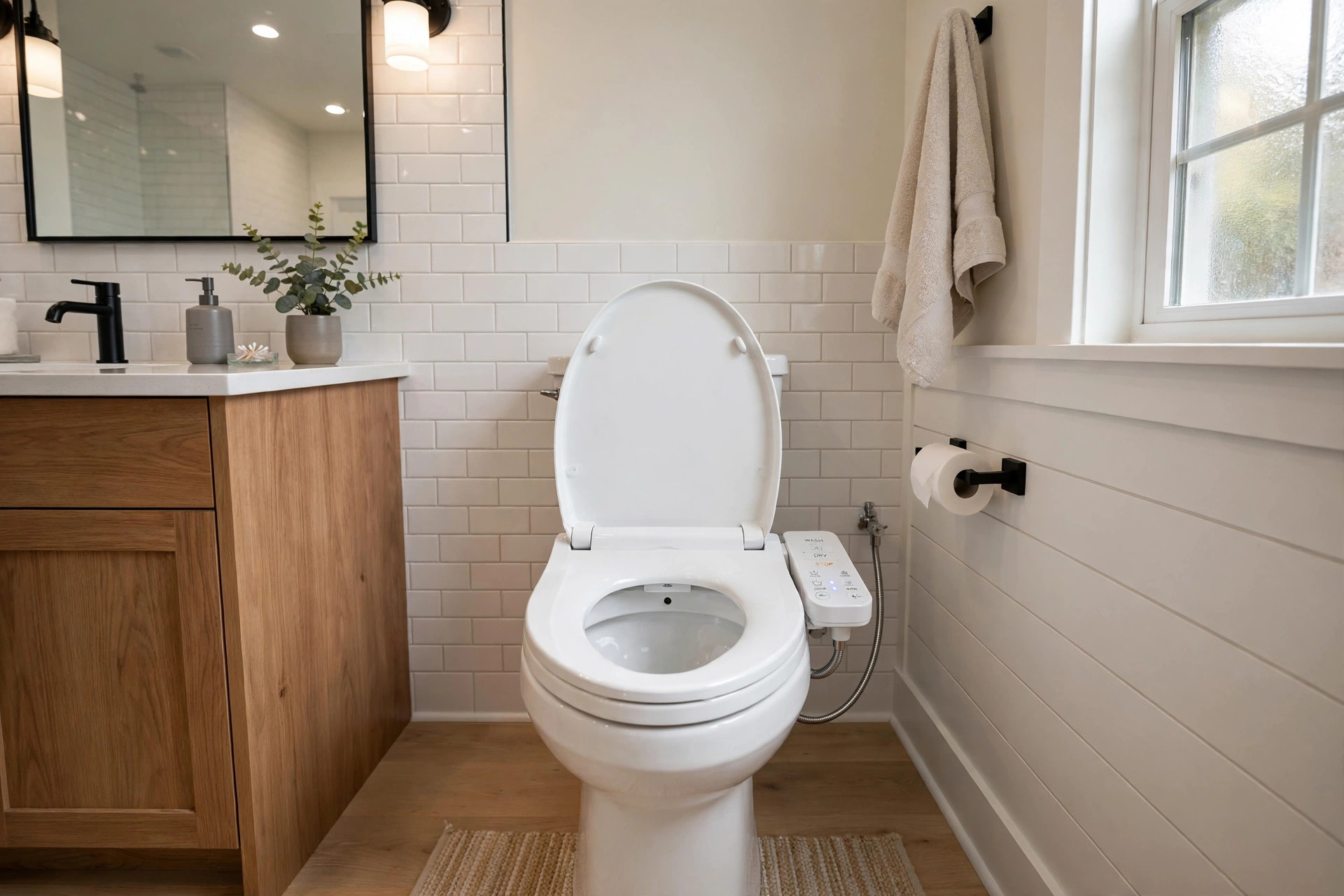 bidet toilet seats buying guide usa: Bidet toilet seat installed in an American home bathroom