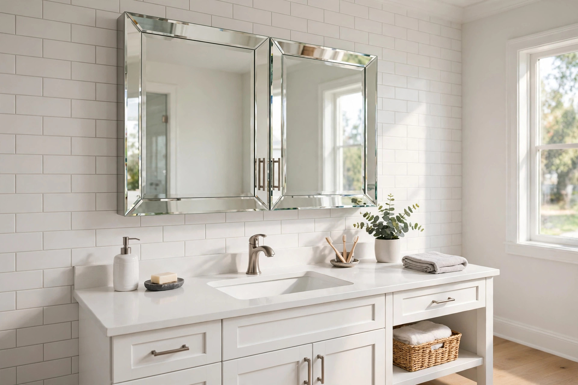 mirrored medicine cabinets buying guide usa: Mirrored medicine cabinet above a bathroom sink in an American home