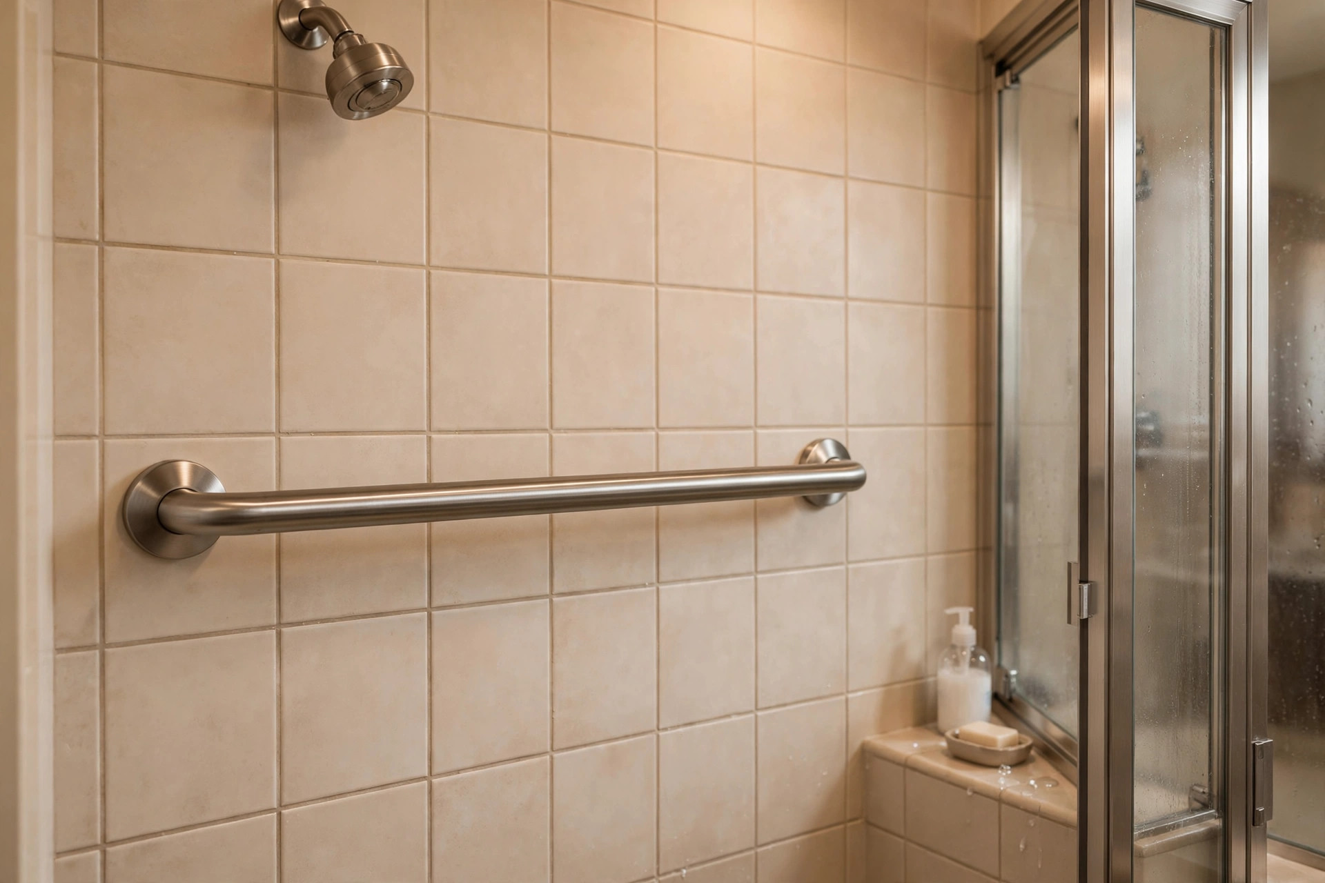 shower grab bars buying guide usa: Stainless steel shower grab bar mounted on tile wall