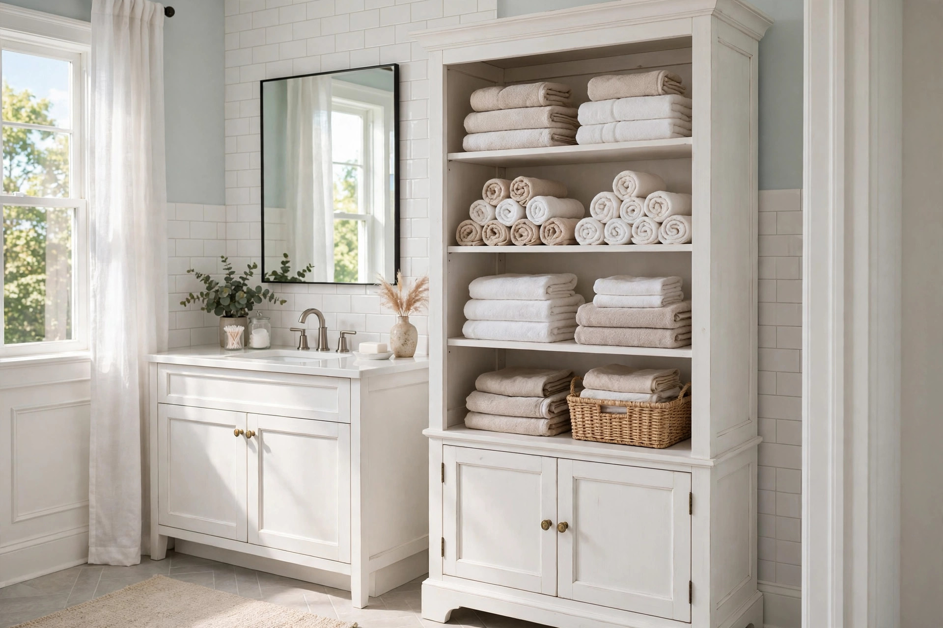 bathroom linen cabinets buying guide usa: Tall bathroom linen cabinet with shelves full of folded towels