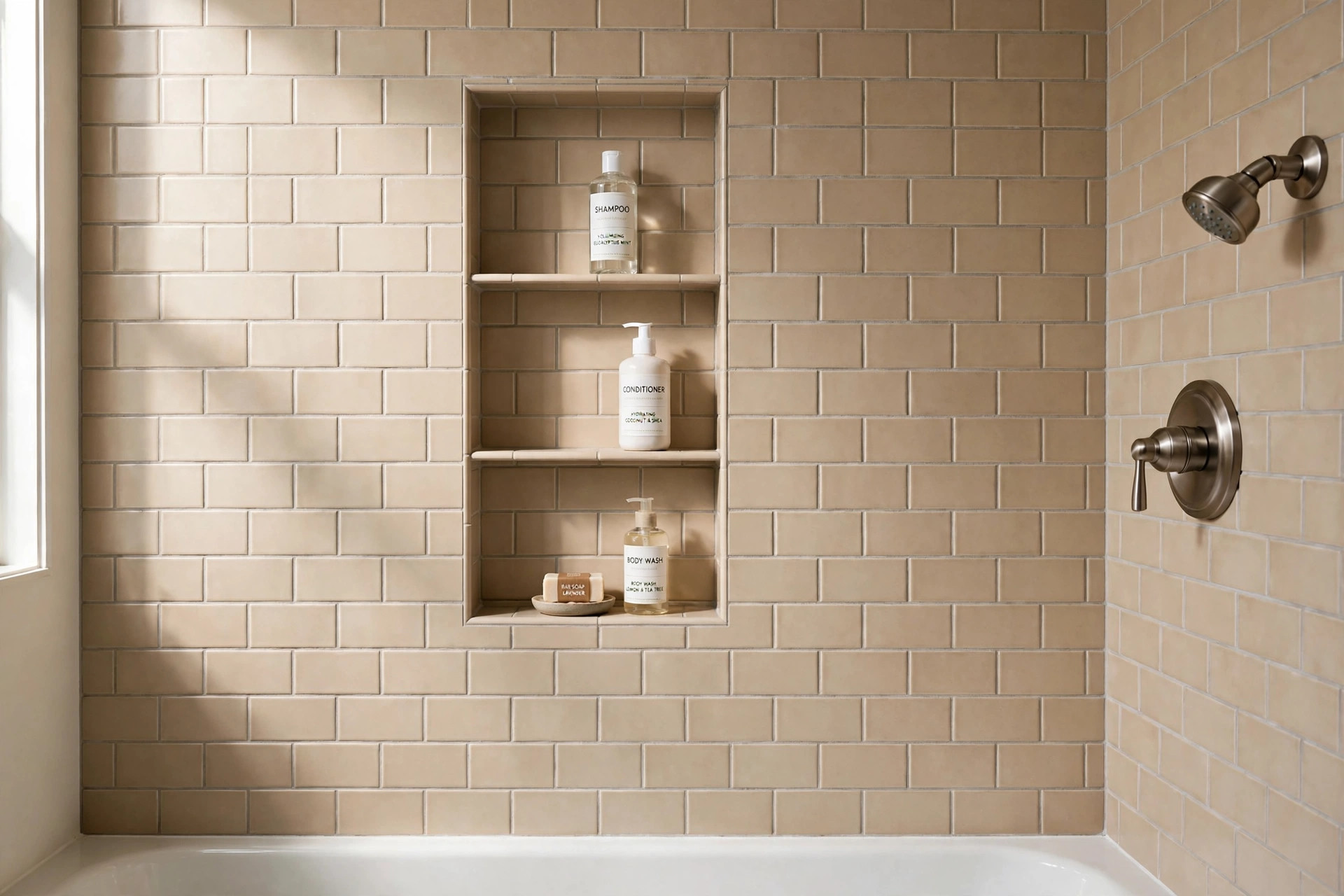 shower niche inserts buying guide usa: Shower niche inserts installed in a tiled shower wall