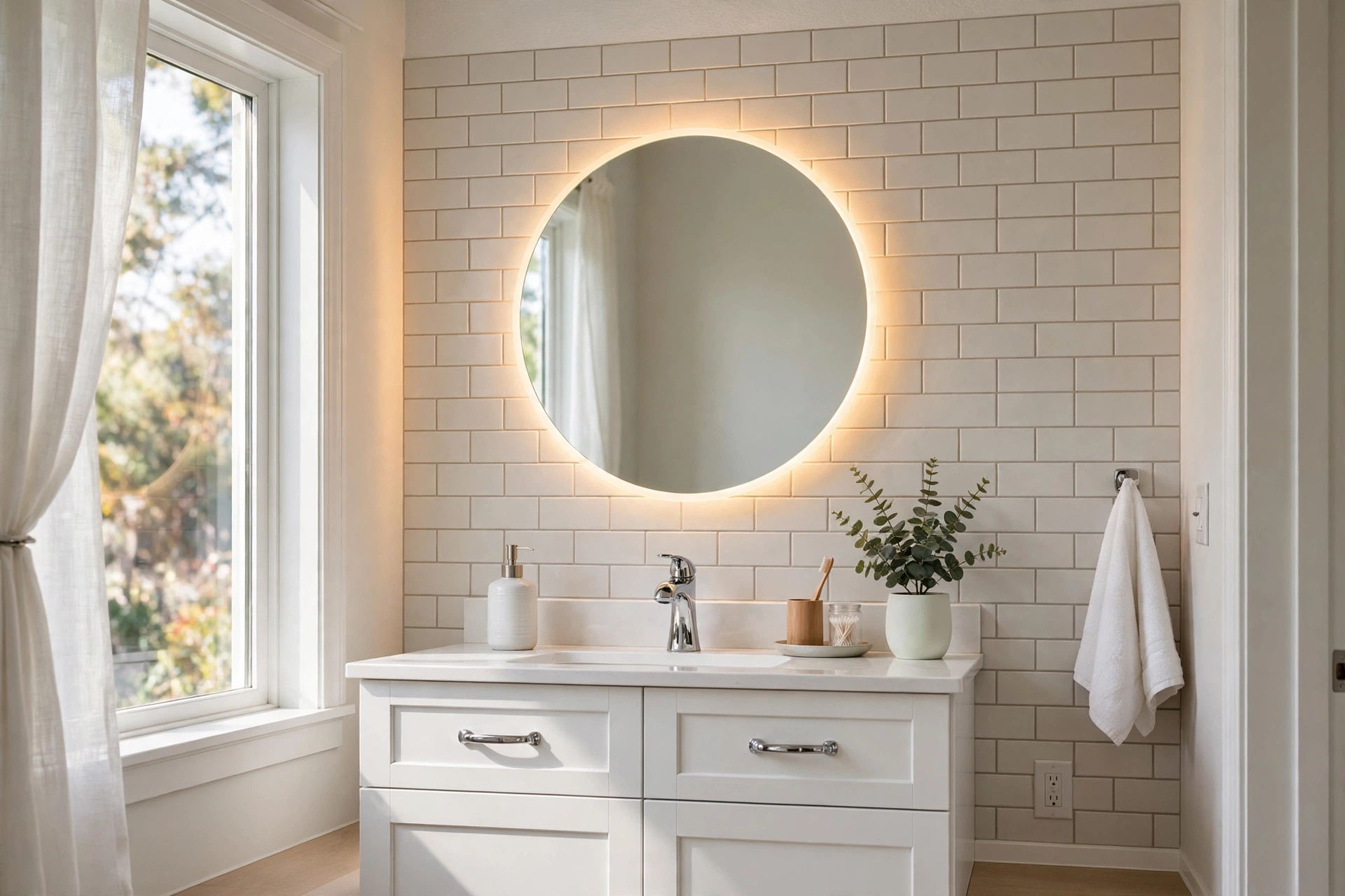 A round LED backlit bathroom mirror above a white vanity, led bathroom mirrors buying guide usa