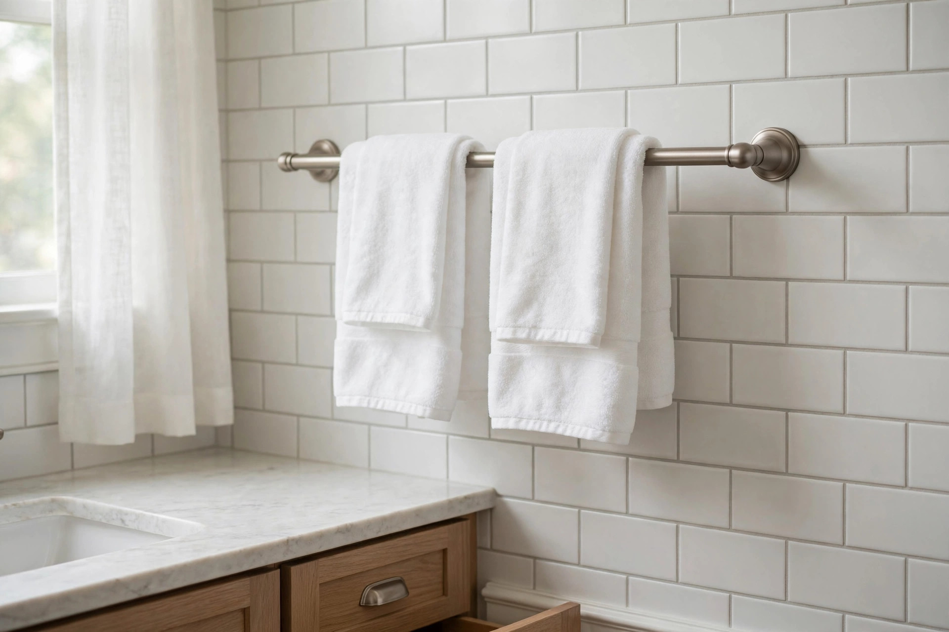 brushed towel holders buying guide usa: Brushed towel holders mounted on a bathroom wall in this buying guide