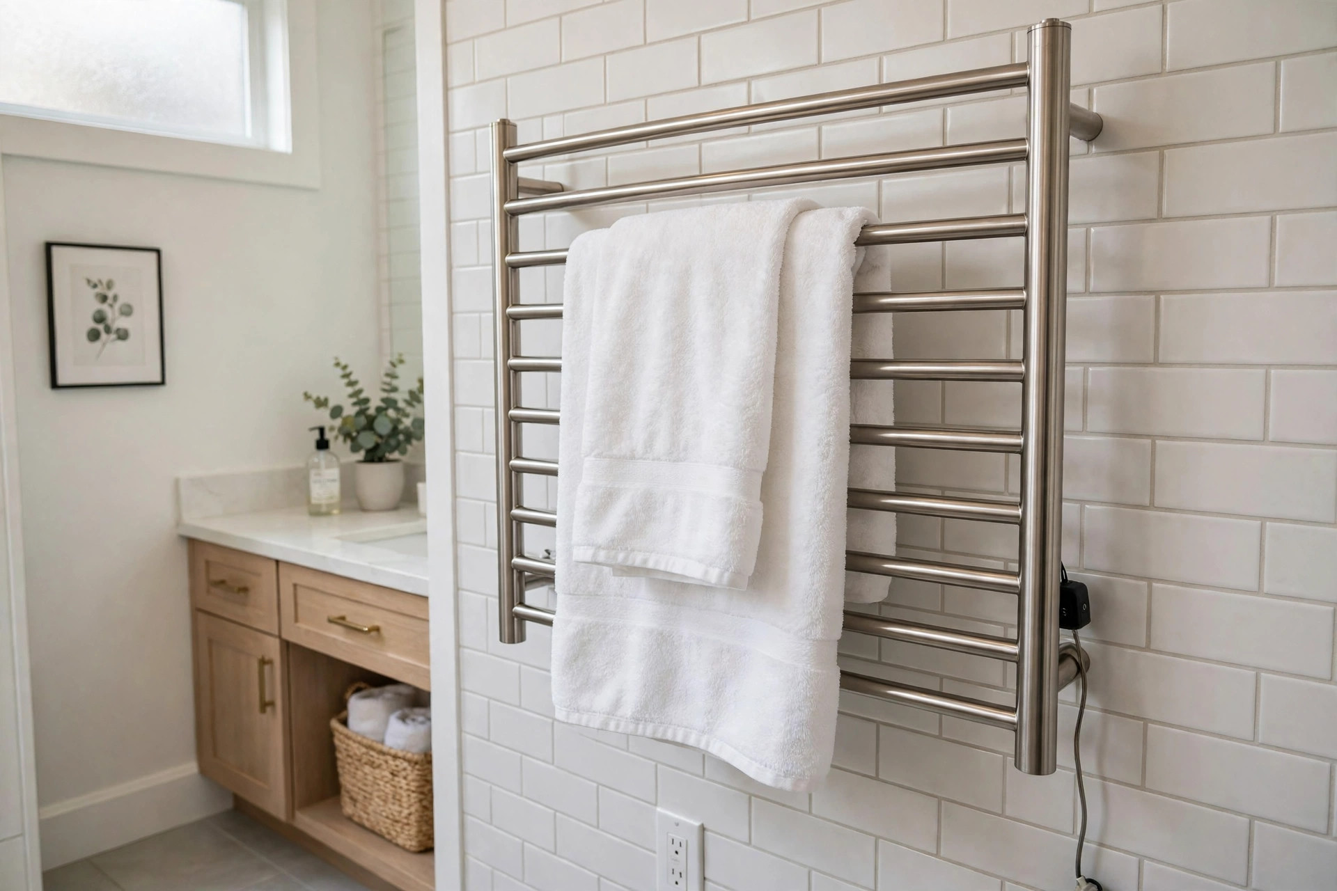 bathroom towel warmers buying guide usa: A heated towel rail warmer with a white bath towel in an American bathroom