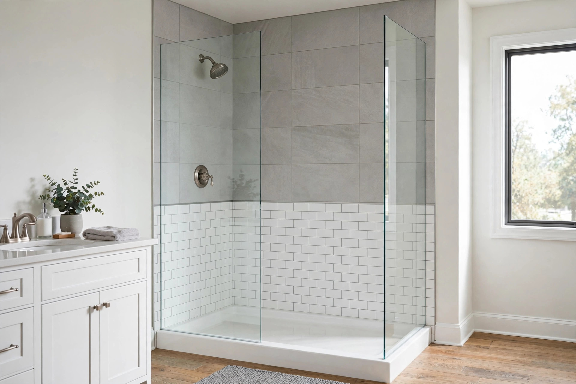 walk in shower kits for sale usa: Walk in shower kit with glass panels installed in a bright American bathroom