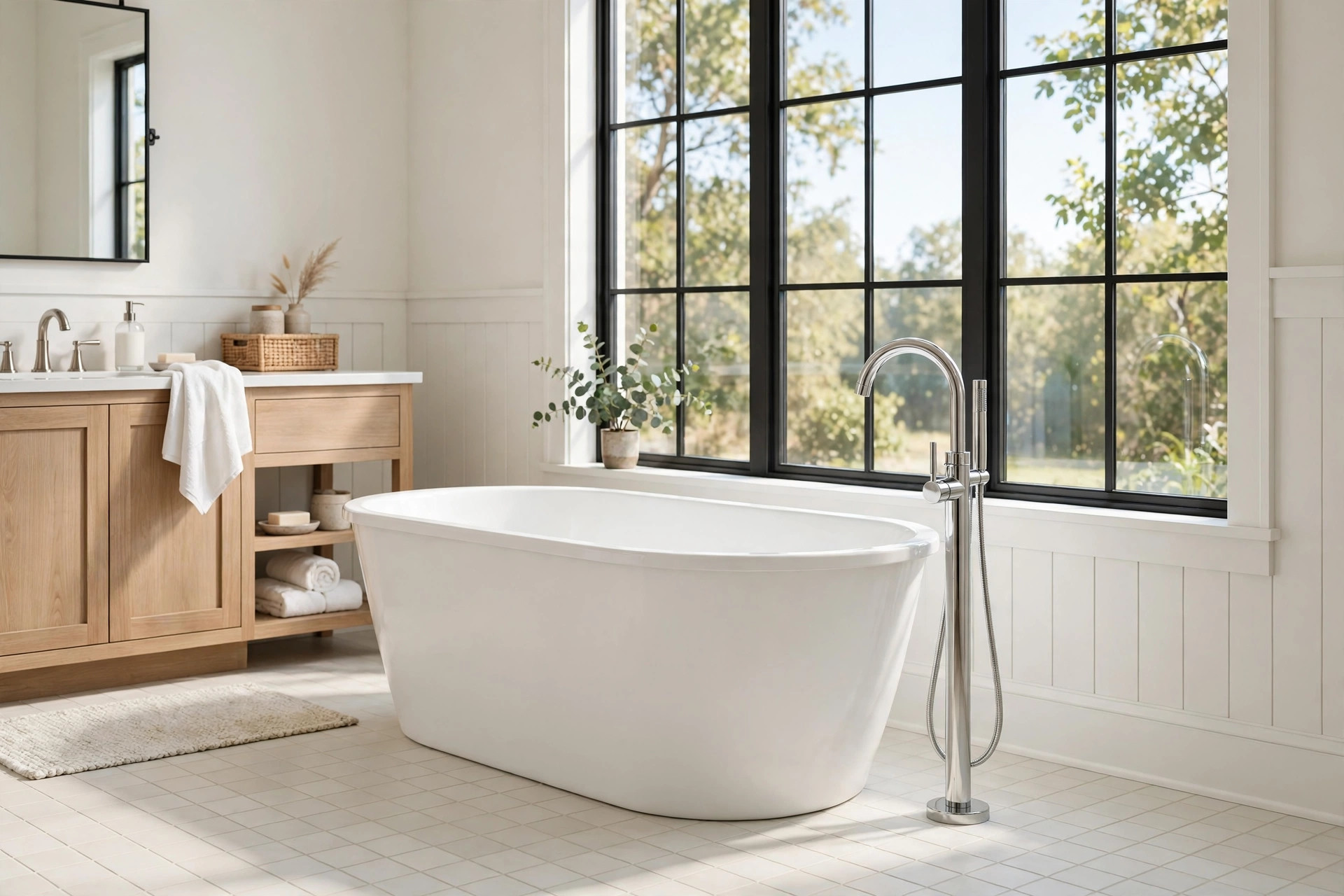 freestanding soaking tubs for sale usa: Freestanding soaking tub in a bright American bathroom
