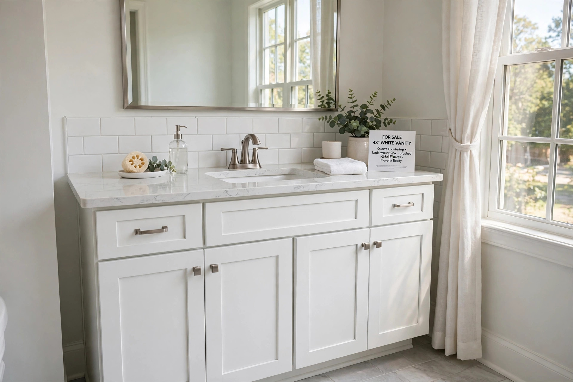 bathroom sink vanities for sale usa: A bathroom sink vanity for sale in a tidy American bathroom