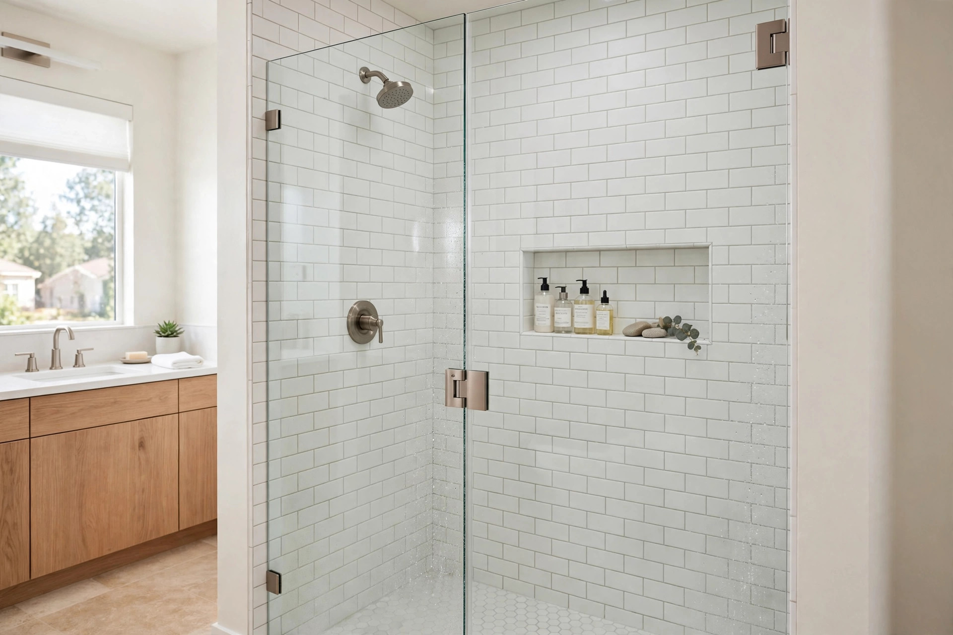 Frameless shower doors for sale USA in a clean modern bathroom