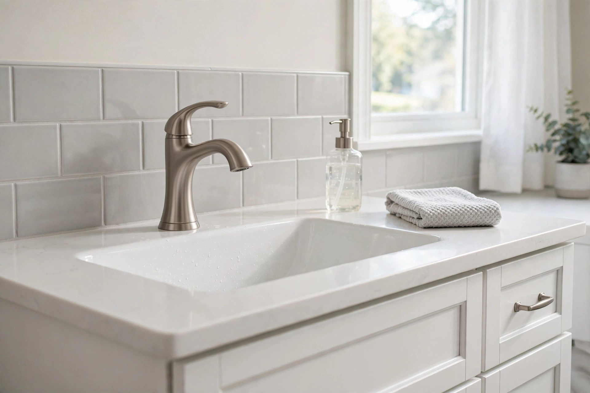 brushed nickel faucets for sale usa: Brushed nickel faucet in a bright American bathroom