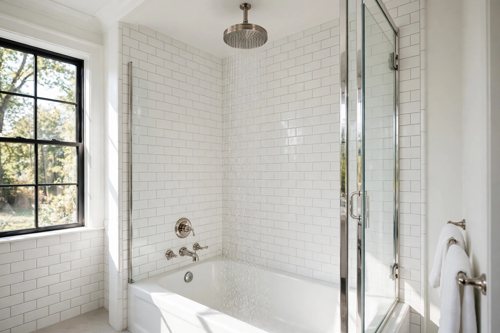 Rain shower heads for sale USA shown in a modern American bathroom