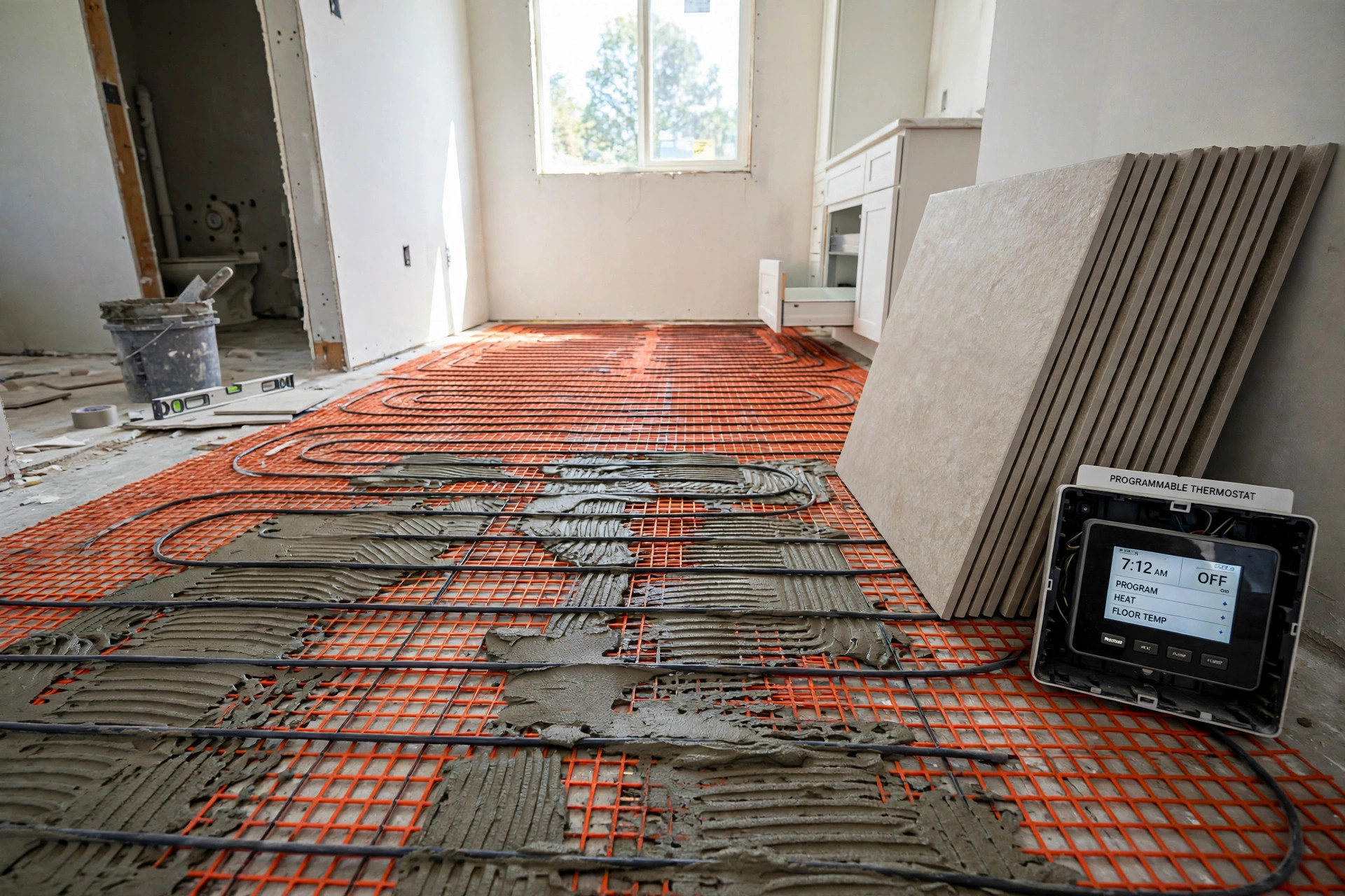Heated floor kits for sale USA: electric radiant floor mat installed under bathroom tile