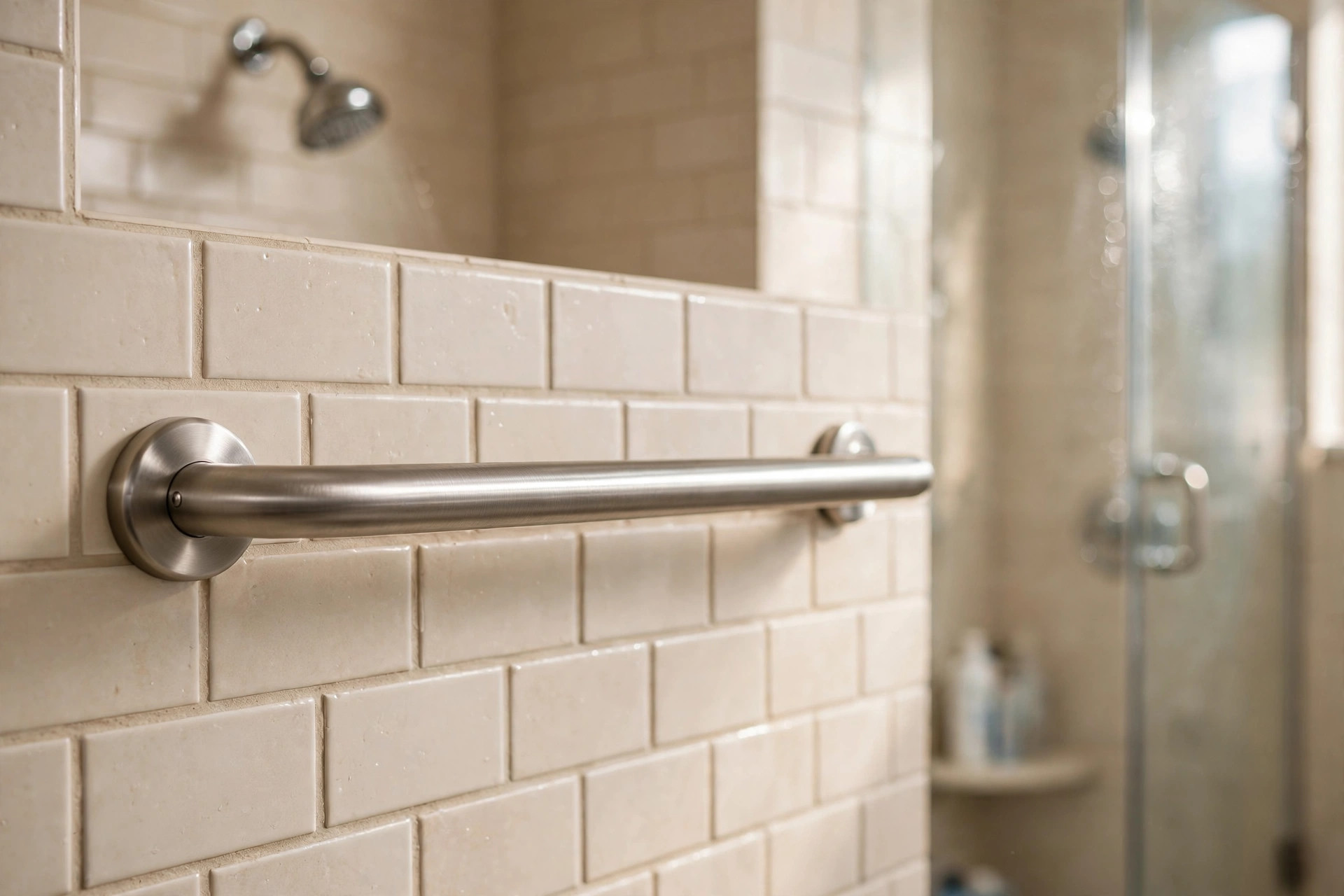 shower grab bars for sale usa: Stainless steel shower grab bar installed on a tiled shower wall