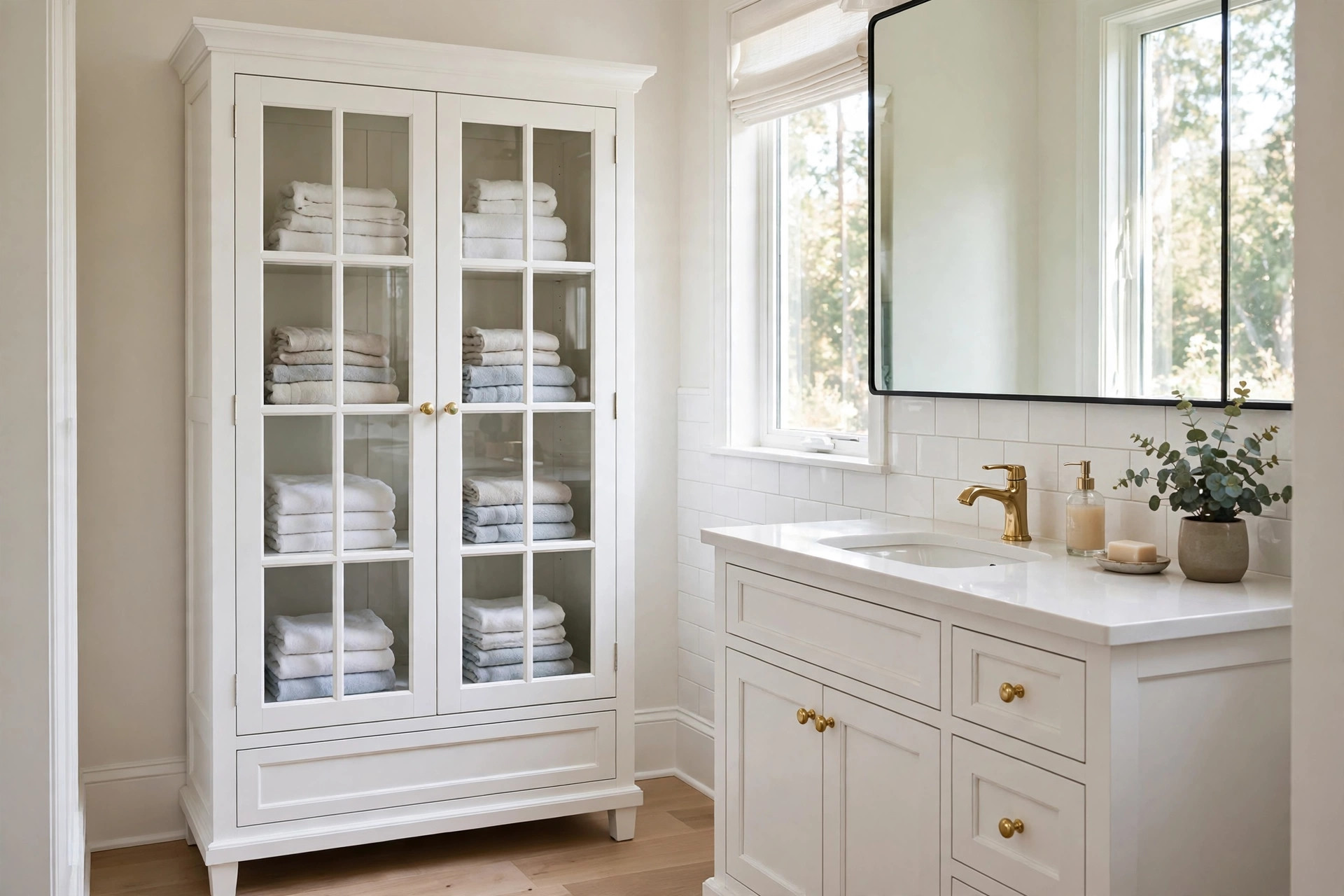 bathroom linen cabinets for sale usa: A white freestanding bathroom linen cabinet with glass doors in a bright bathroom