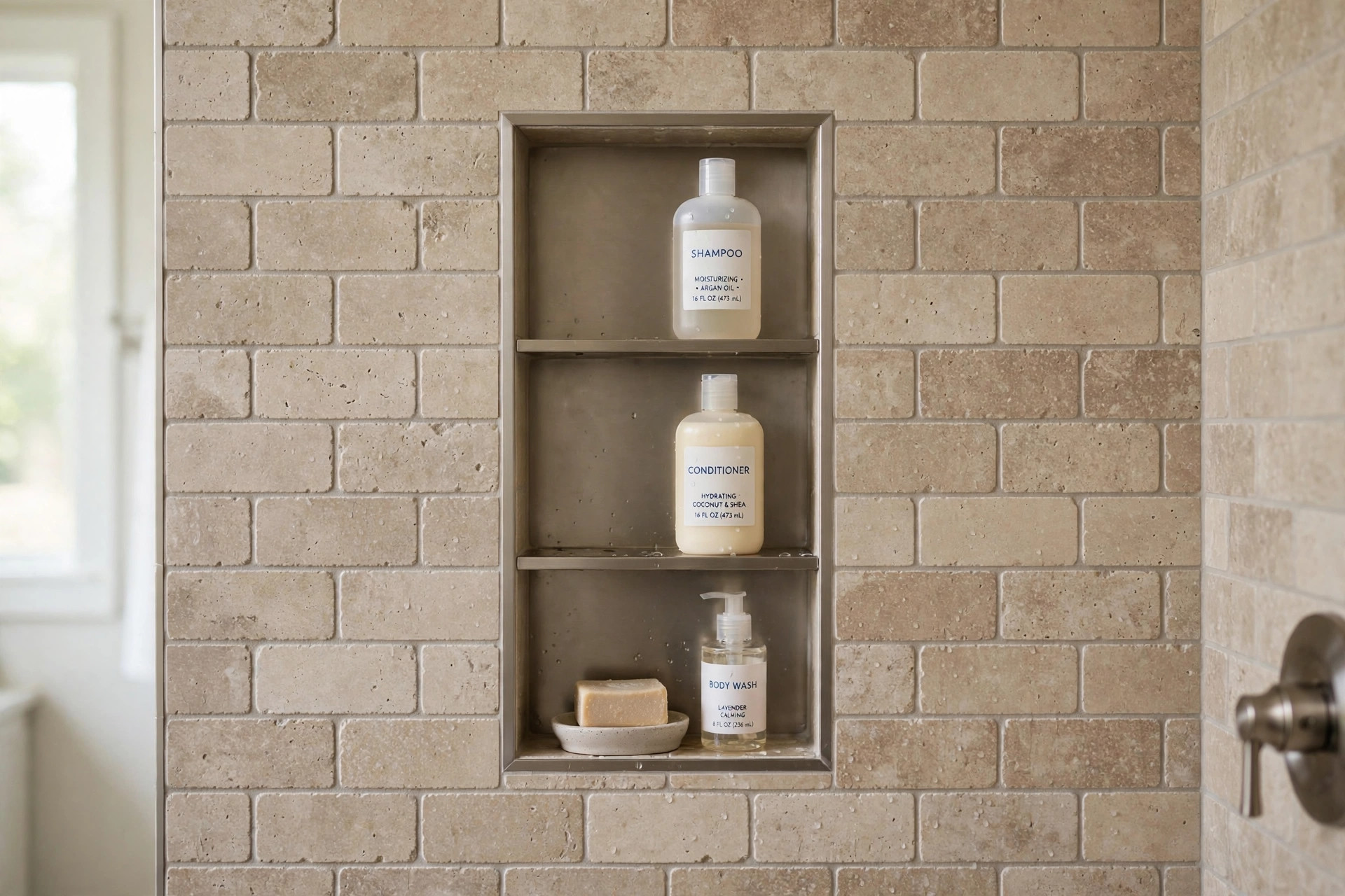 shower niche inserts for sale usa: Recessed shower niche insert with bottles in a tiled shower wall