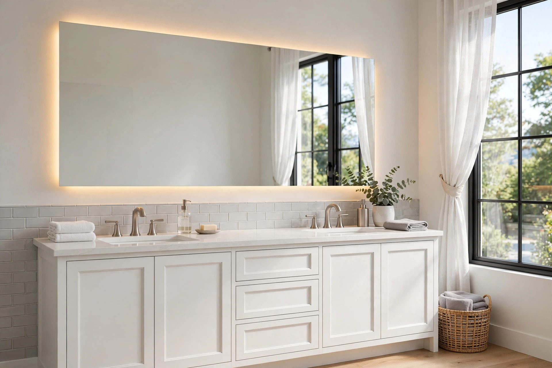 led bathroom mirrors for sale usa: LED bathroom mirror with backlit glow installed in a modern American bathroom