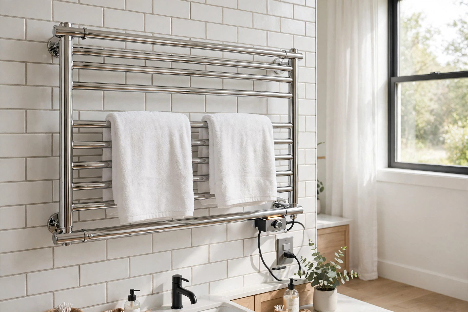 Bathroom towel warmers for sale USA mounted on a tiled bathroom wall