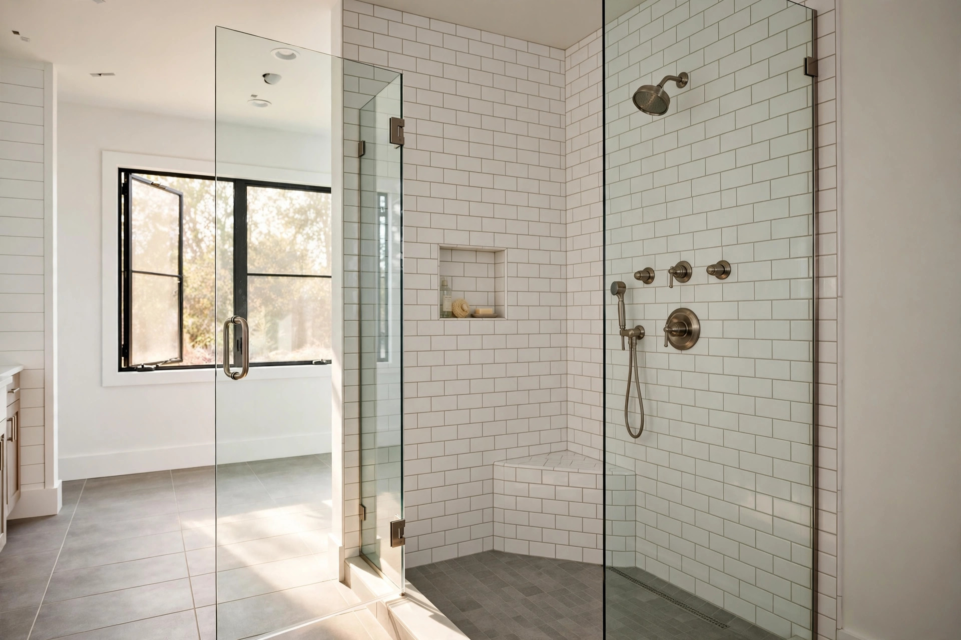 walk in shower kits deals near me: New walk-in shower kit installed in a modern American bathroom