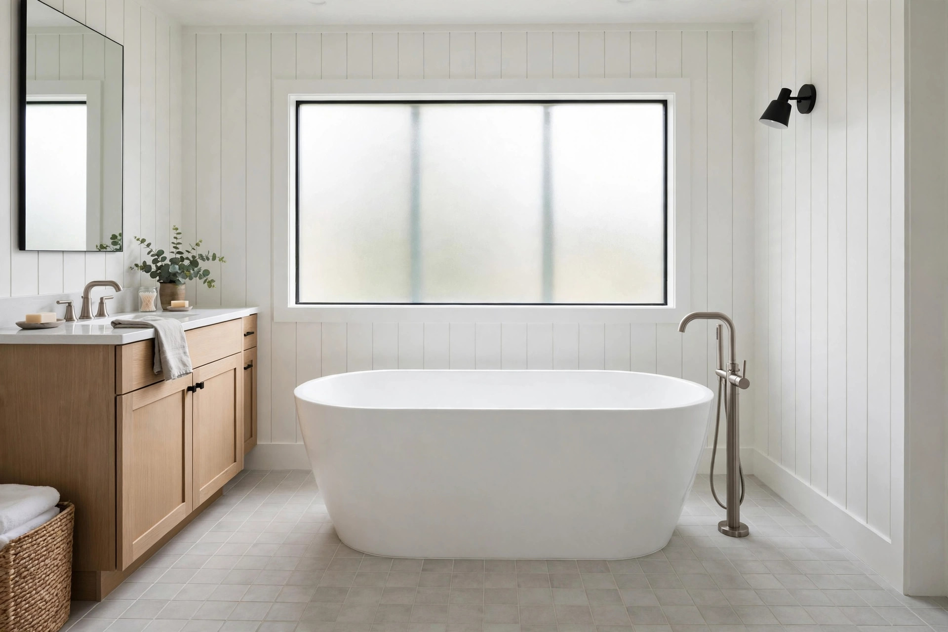 A white freestanding soaking tub in a bright American bathroom, the focus of freestanding soaking tubs deals near me searches