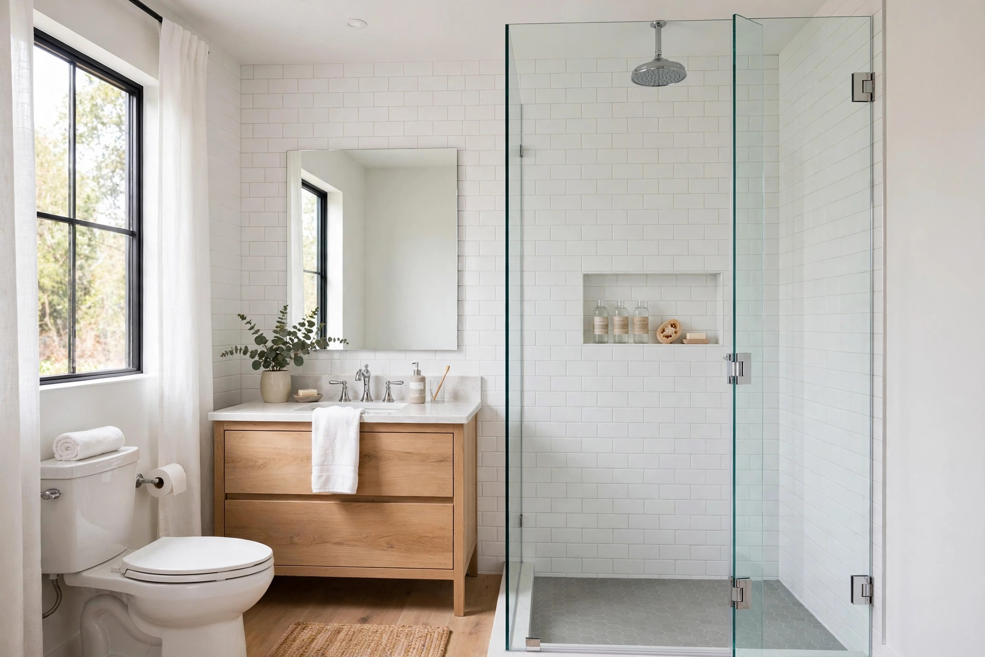 frameless shower doors deals near me: Frameless glass shower door in a modern American bathroom