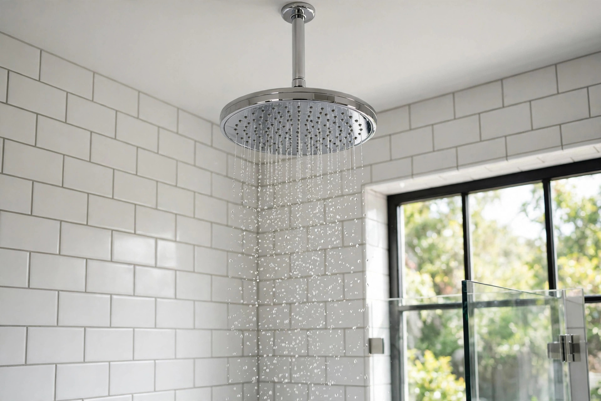 rain shower heads deals near me: Rain shower head installed in a modern bathroom