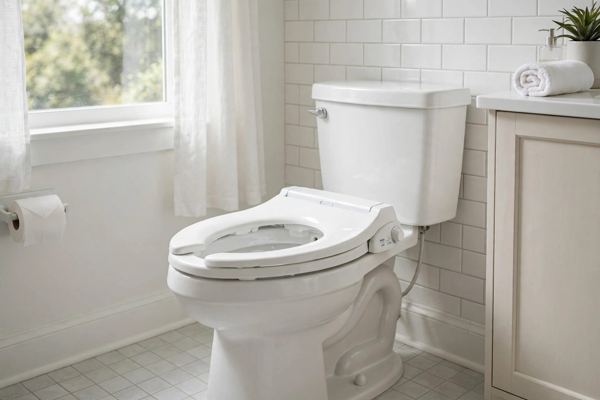 Bidet toilet seats deals near me: white bidet toilet seat installed on a toilet in a bright American bathroom