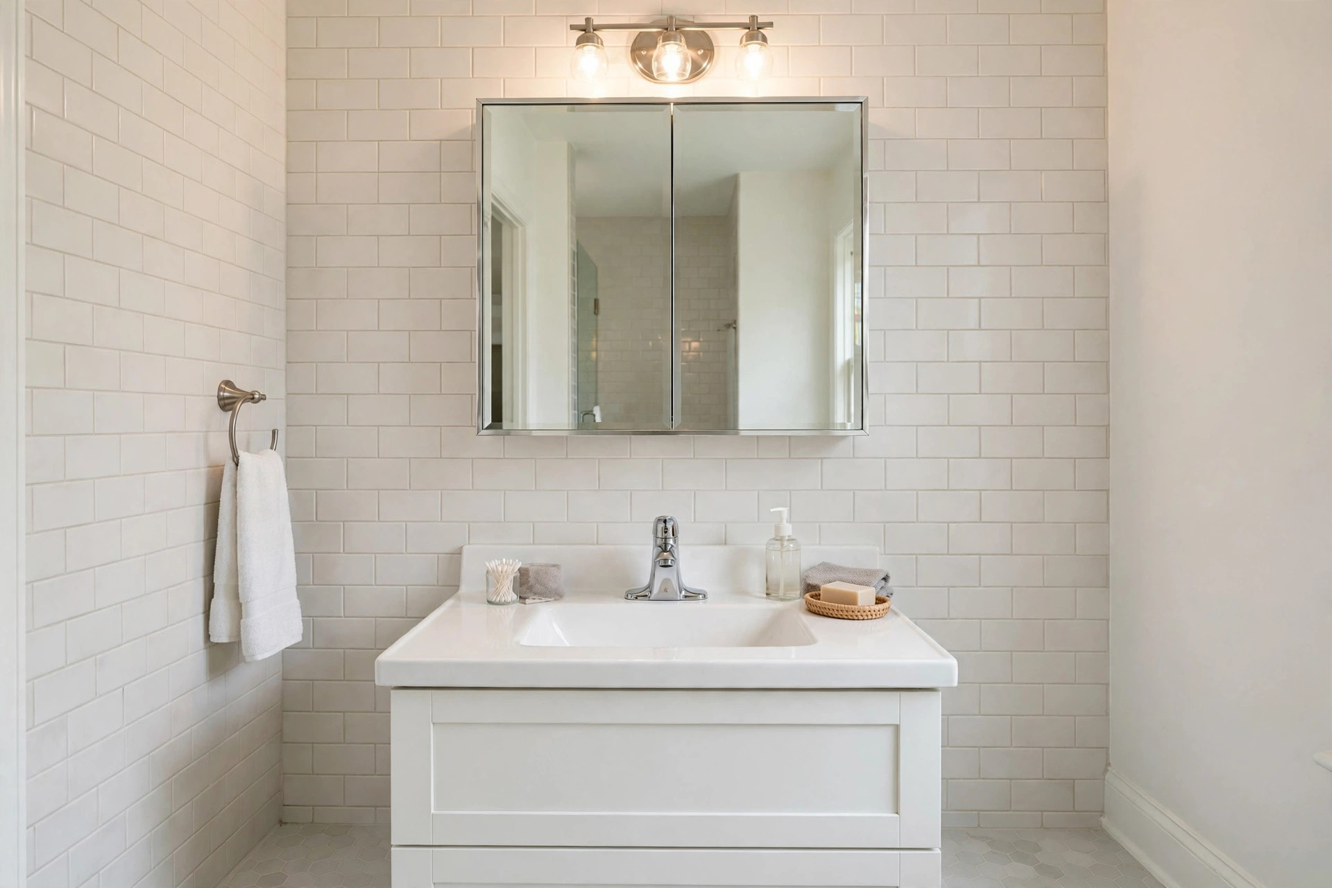 mirrored medicine cabinets deals near me: Mirrored medicine cabinet mounted above a bathroom sink