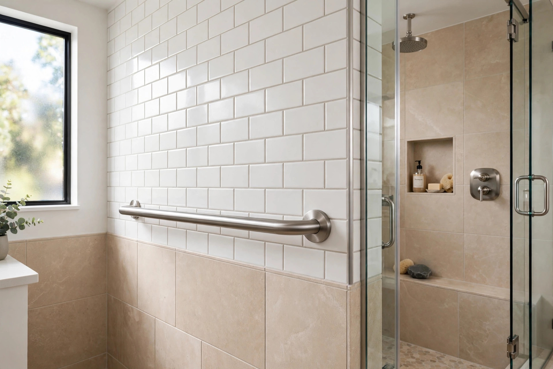 shower grab bars deals near me: Stainless steel shower grab bar mounted on a bathroom tile wall