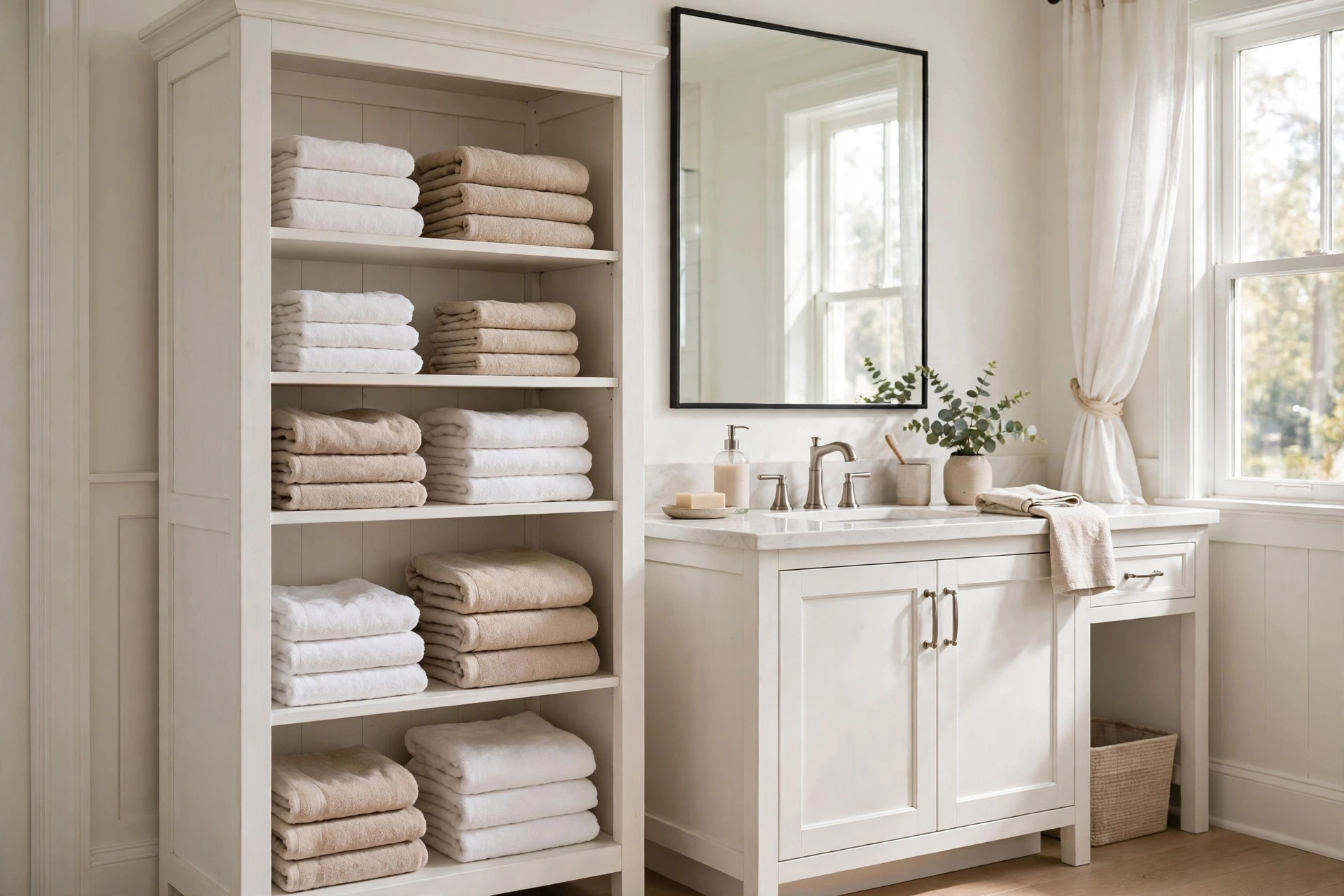 White bathroom linen cabinet with folded towels in a bright bathroom, bathroom linen cabinets deals near me