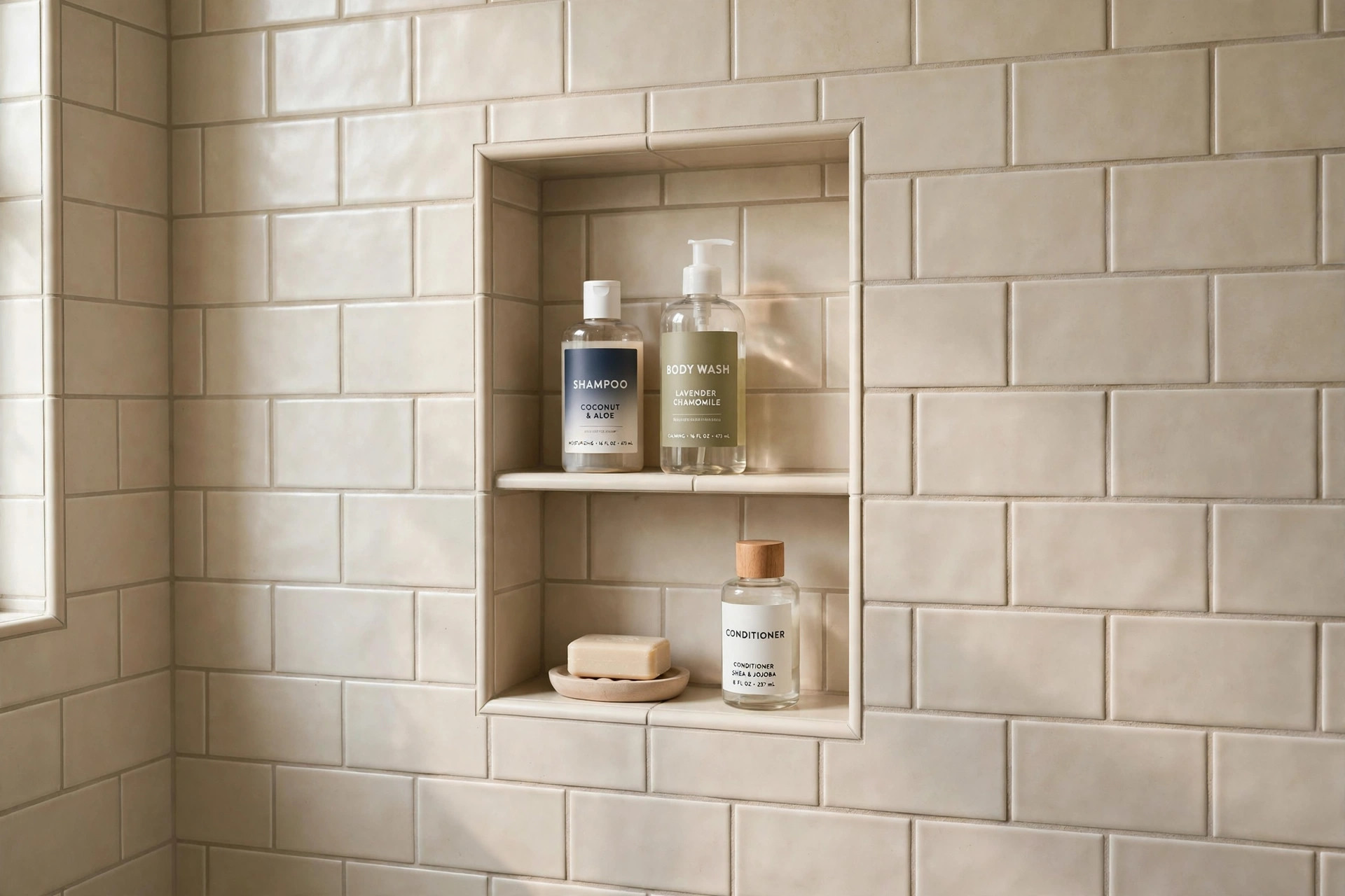 shower niche inserts deals near me: Shower niche inserts with tile and soap bottles in a remodeled American bathroom