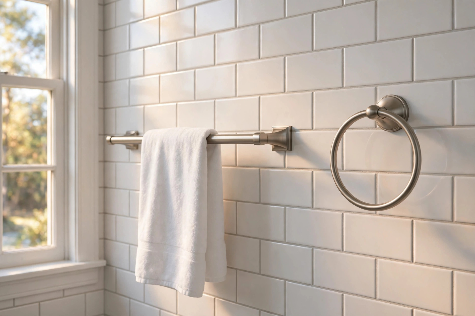 brushed towel holders deals near me: Brushed metal towel holders mounted on a bathroom wall with folded towels
