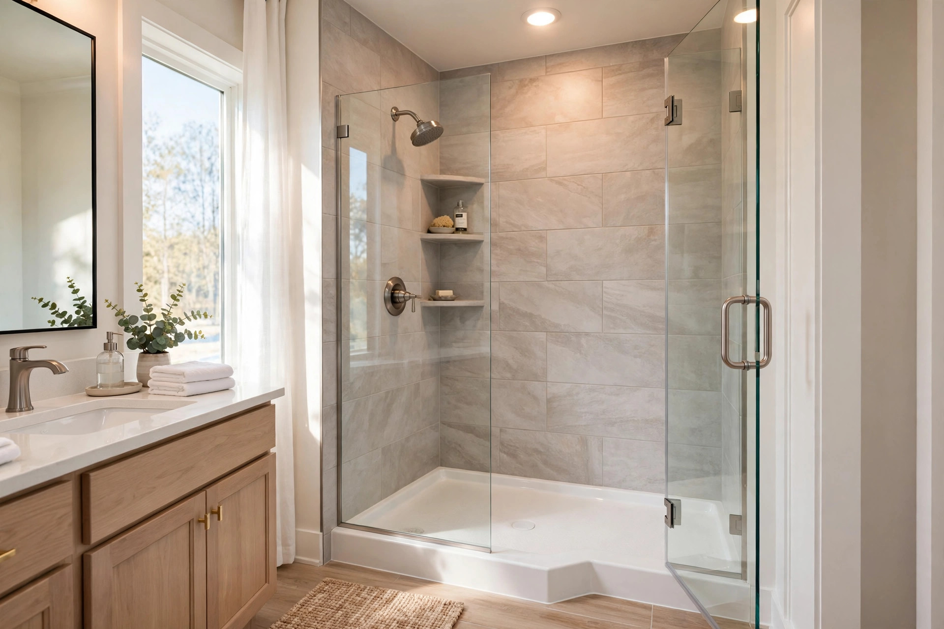 walk in shower kits reviews buying guide usa: Walk in shower kit with glass doors in a tiled bathroom