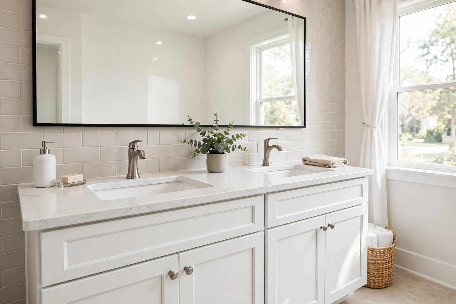 bathroom sink vanities reviews buying guide usa: Bathroom sink vanity with double white sinks and brushed nickel faucets in a real American home bathroom