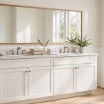 double sink vanities reviews buying guide usa: Double sink vanity with two white sinks in a modern American bathroom