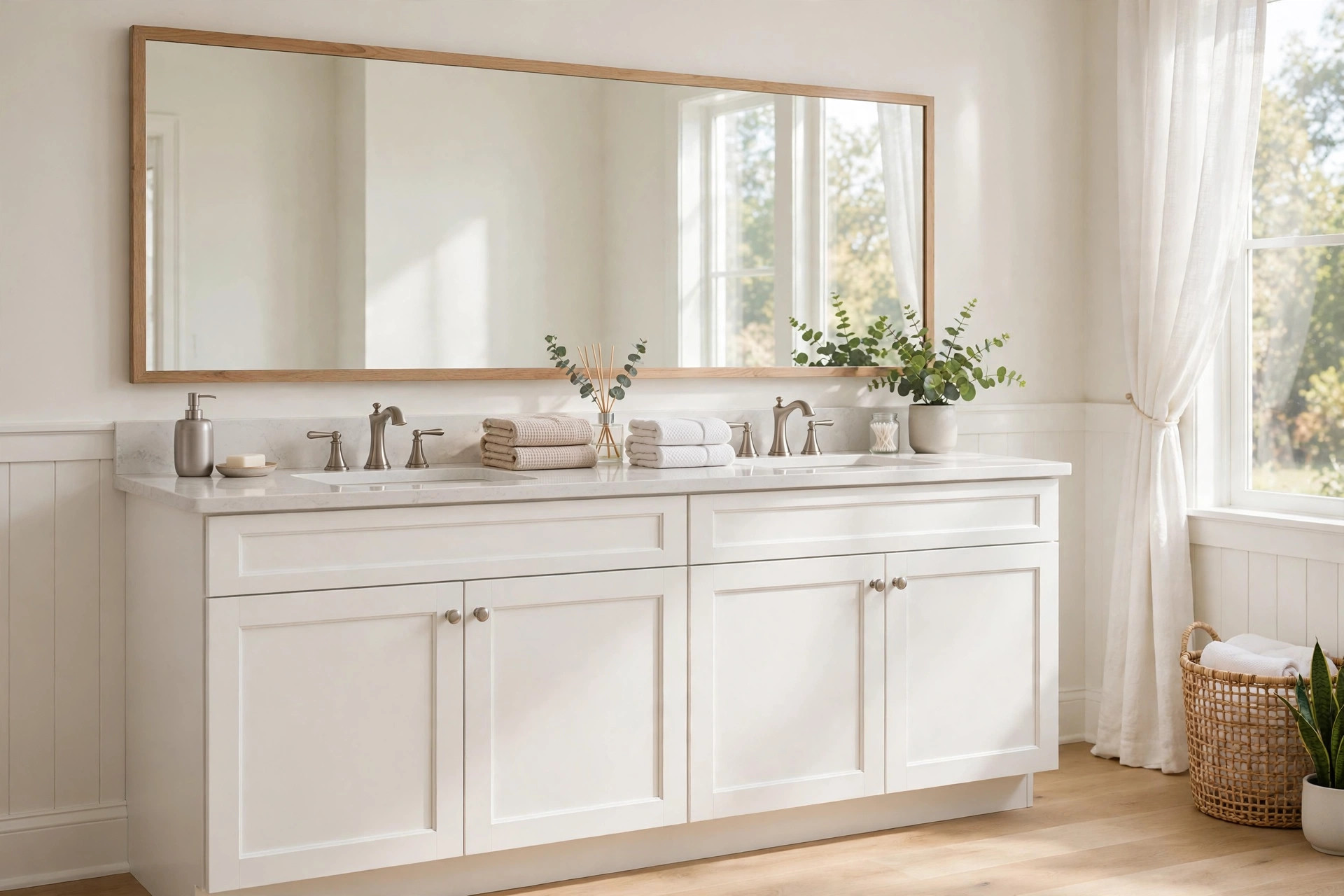 double sink vanities reviews buying guide usa: Double sink vanity with two white sinks in a modern American bathroom