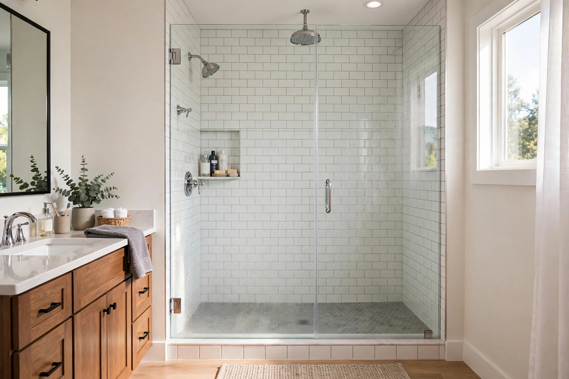 frameless shower doors reviews buying guide usa: Frameless glass shower door in a bright modern American bathroom