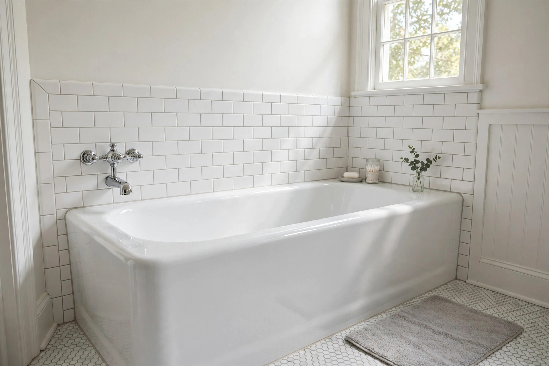 A freshly refinished glossy white bathtub in a real American bathroom, bathtub refinishing kits reviews buying guide usa