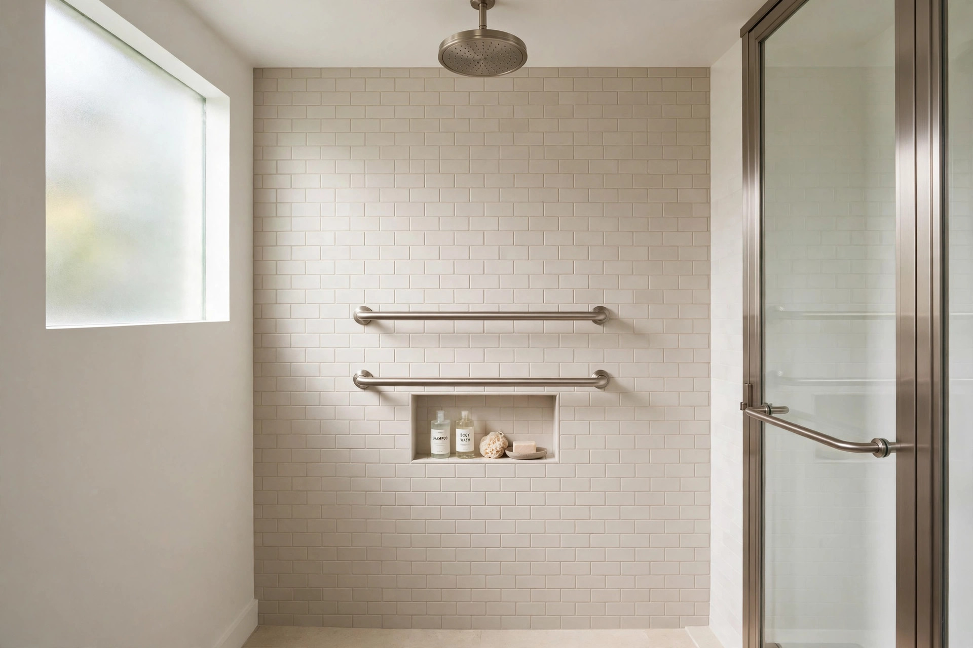 shower grab bars reviews buying guide usa: Stainless steel shower grab bars mounted on tiled shower wall