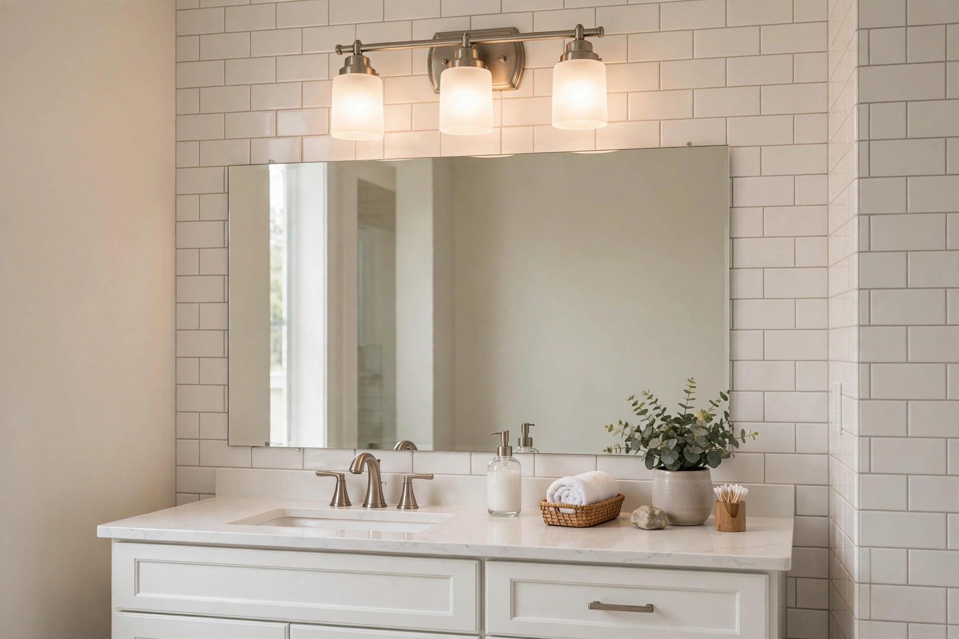 bathroom vanity light bars reviews buying guide usa: Bathroom vanity light bars above a mirror in a real American bathroom