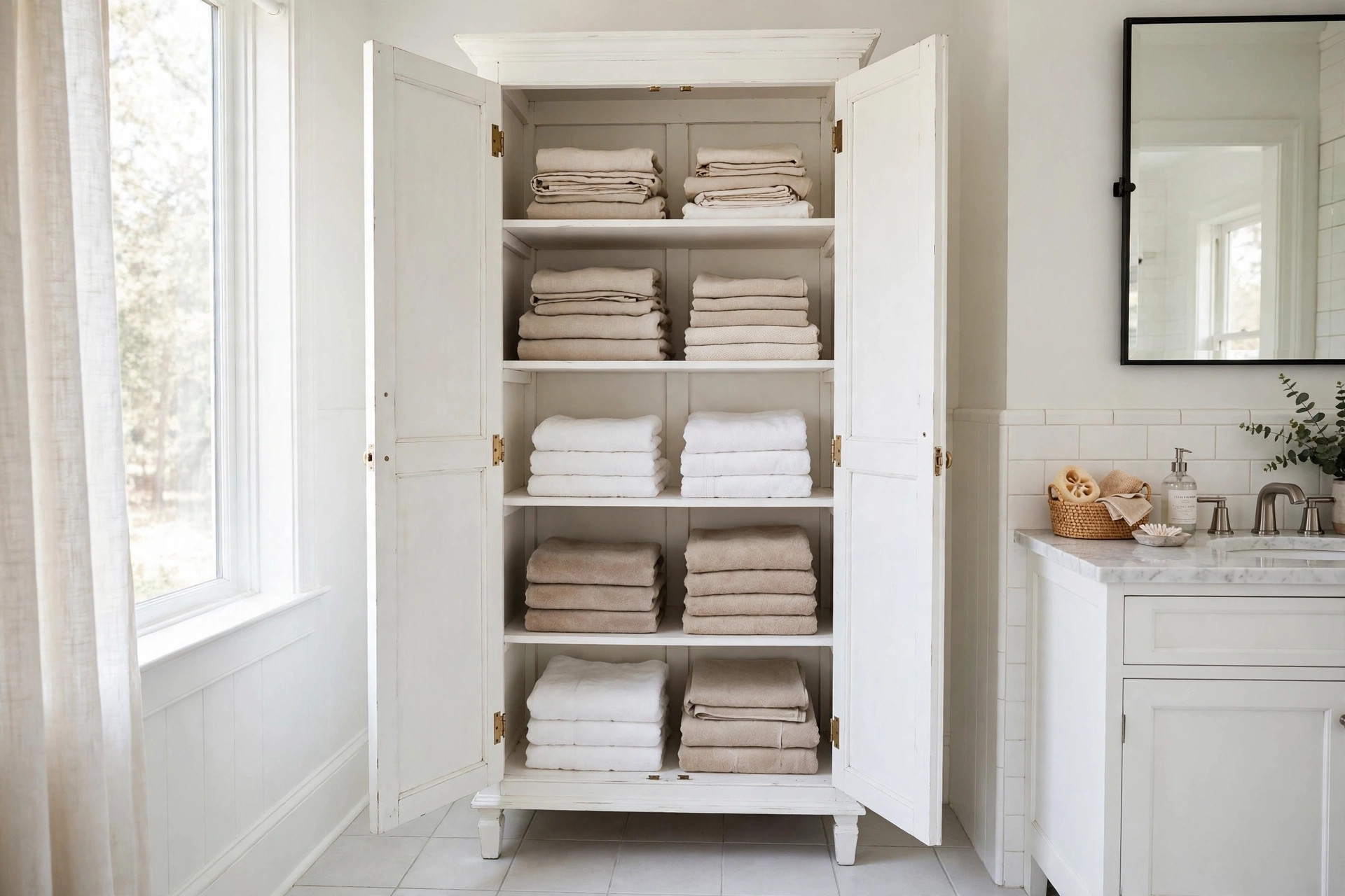 bathroom linen cabinets reviews buying guide usa: Bathroom linen cabinet with folded towels in an American bathroom