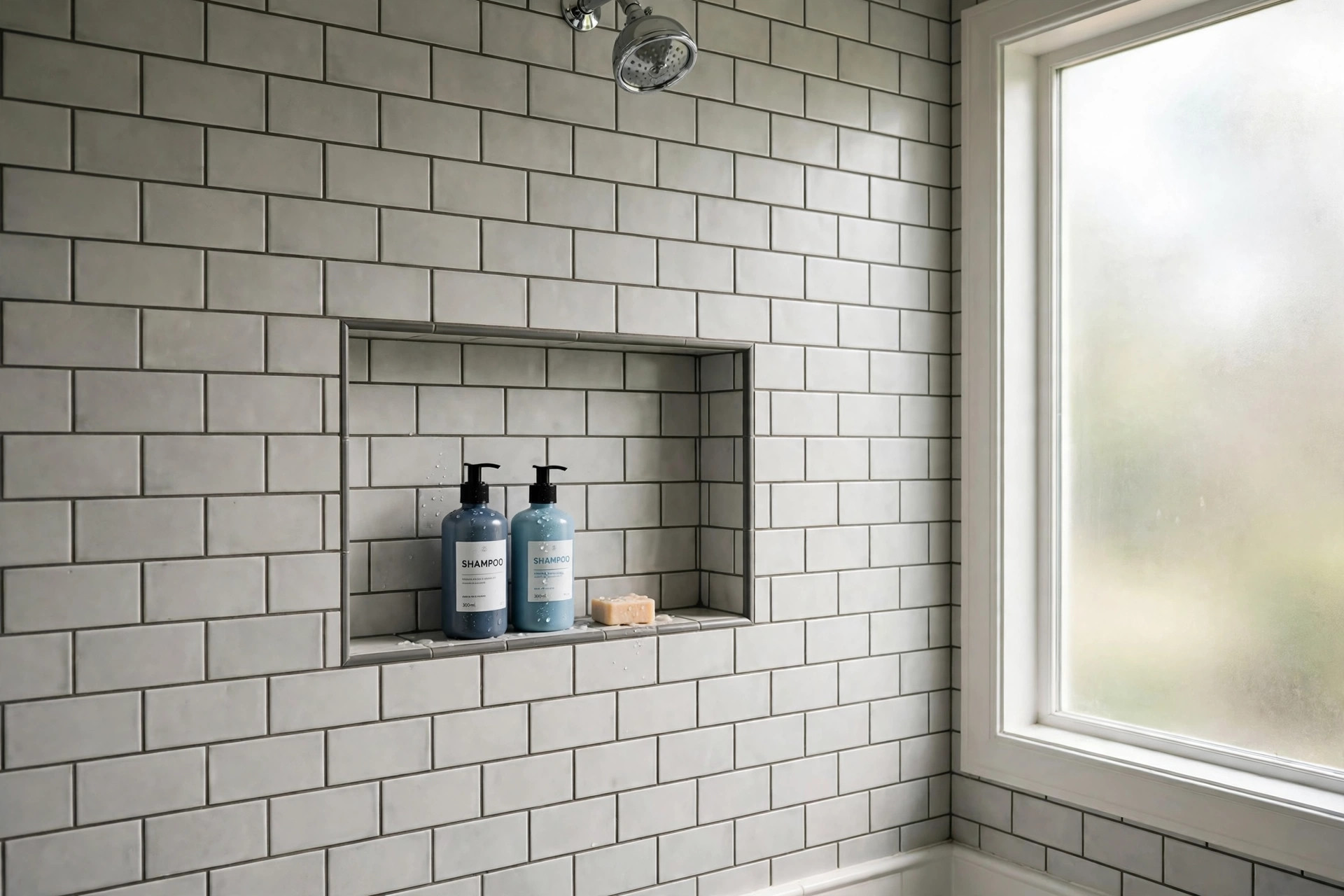 shower niche inserts reviews buying guide usa: Built-in shower niche insert holding shampoo bottles in a tiled shower wall