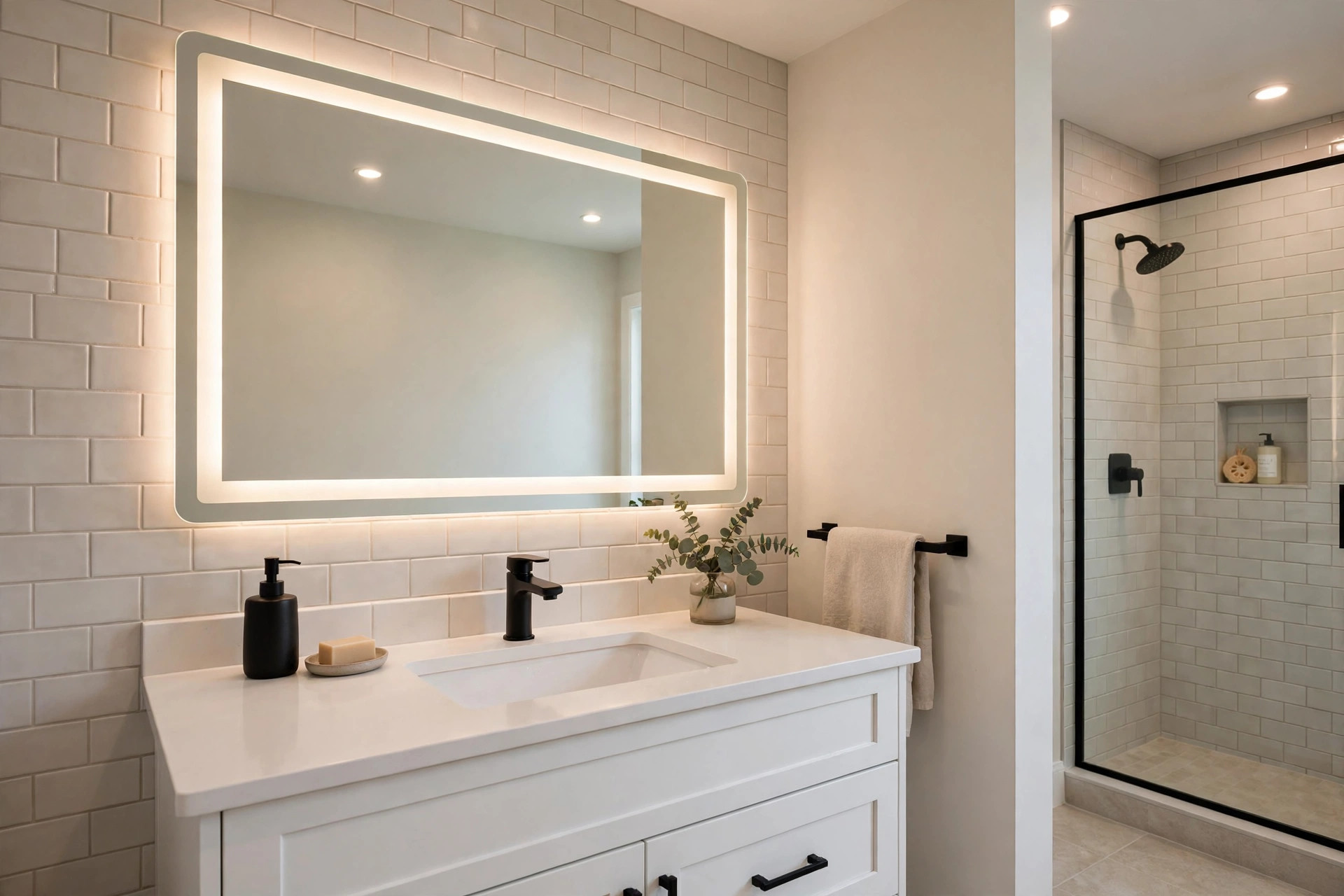 led bathroom mirrors reviews buying guide usa: LED bathroom mirror with built-in light in a clean modern bathroom