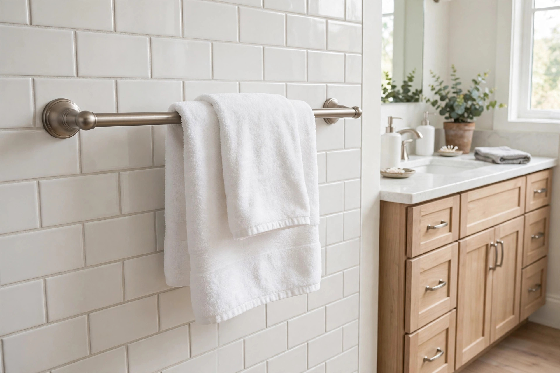 brushed towel holders reviews buying guide usa: Brushed metal towel holder mounted beside a vanity in a clean American bathroom